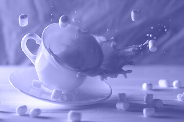 Obraz na płótnie Canvas Cup with splashing milk and flying marshmallows in trendy color of the year 2022, fashion purple shade