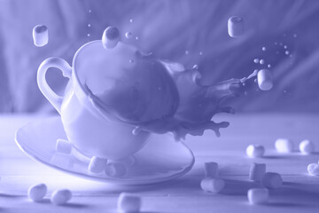 Cup with splashing milk and flying marshmallows in trendy color of the year 2022, fashion purple shade