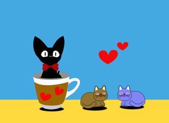 The black cat  in a cup of coffee with red heart on blue and yellow background