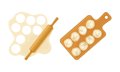 Cooking dumplings from dough and meat. Pelmeni rested on wooden board vector illustration