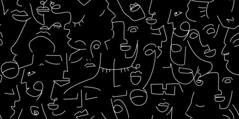 One line drawing Black white face seamless pattern