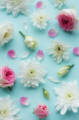 Obraz na płótnie Canvas Pink and white flowers on pastel blue background.
