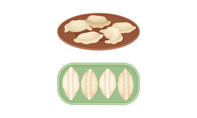 Set of dumplings on plate and wooden board. Dough stuffed with meat or vegetables vector illustration