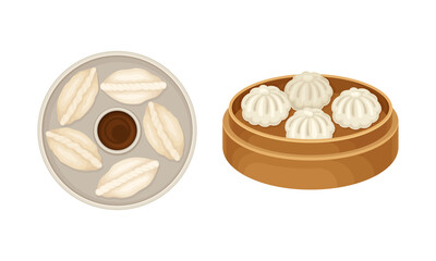 Set of uncooked dumplings on plate and wooden board. Dough stuffed with meat or vegetables vector illustration