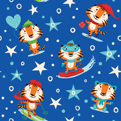 Seamless Christmas pattern with cute tigers, stars and confetti on a blue background.