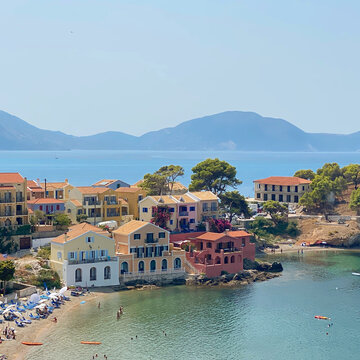 Aerial view of beach and villagescape, Asos, Erisos, Cephalonia, Greece