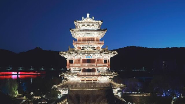 aerial view of Lishui Yingxinglou at night
