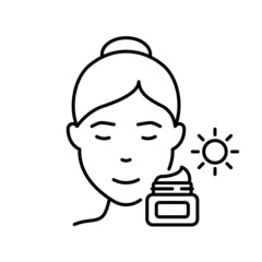 Girl Use Sunscreen, Sun Block Cream Outline Icon. Woman and Moisturizing Day Cream for Skin Line Icon. Protection Skin of UV Rays. Editable Stroke. Isolated Vector Illustration