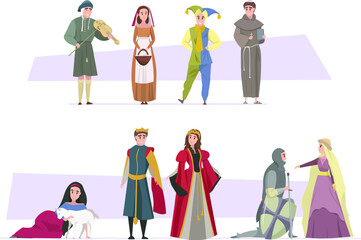 Various cute characters from the Middle Ages, cook, clown, knight, queen, princess. Suffering middle ages
