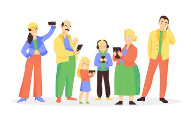 Family With Smartphones Flat Illustration