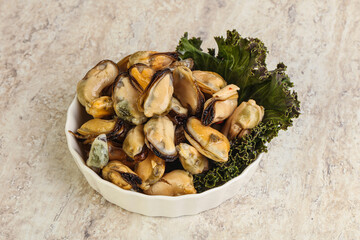 Tasty marinated mussels in the bowl