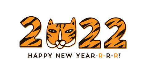New Year of the tiger 2022 concept banner. Numbers of the year 2022 with stripes and cute tiger face. Hand drawn vector illustration in cartoon doodle style