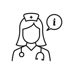 Obraz premium Medical Information from Nurse, Doctor Line Icon. Info from Medicine Female Staff Linear Pictogram. Pharmacist Info Outline Icon. Doctor Consultation. Editable Stroke. Isolated Vector Illustration