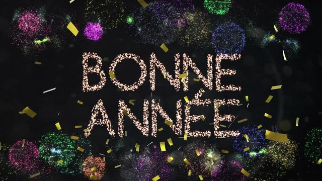 Animation of fireworks and text bonne annee on black background