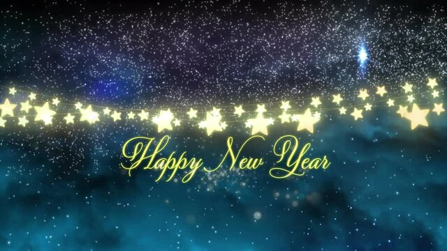 Animation of happy new year text with glowing strings of fairy lights
