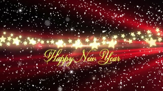 Animation of happy new year text with snowflakes and glowing strings of fairy lights