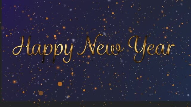 Animation of gold text happy new year, with confetti and orange spots of light, on black