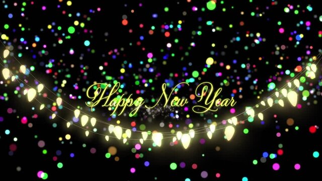 Animation of happy new year text over light spots