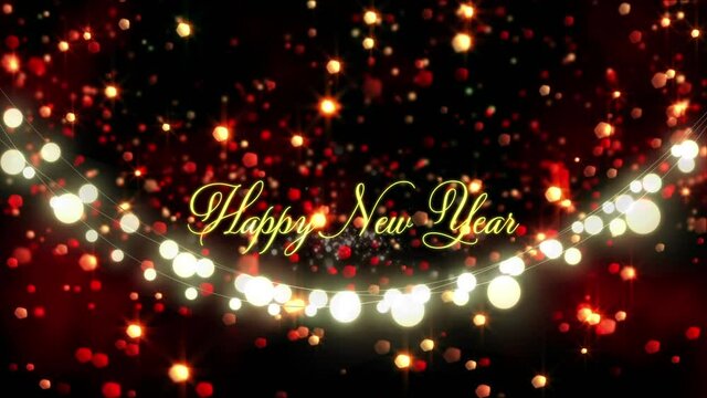 Animation of happy new year text over light spots on black background