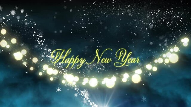 Animation of happy new year text over snow falling and light spots