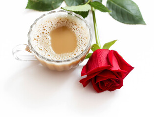 A cup of coffee and a rose is lying next to it