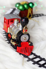 Red Christmas train on a light background