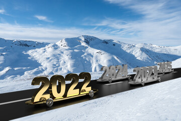 Gold 2022 new year car on skateboard and road in mountains winter background.