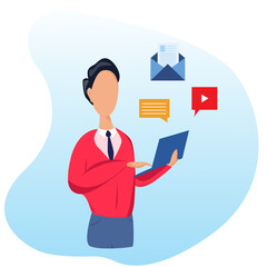 An office worker. A young man working with his laptop.  Vector illustration in a flat style. It can be used for website banners, infographics, slide presentations.