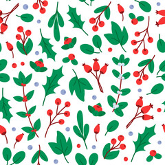 Forest plants seamless pattern. Pattern of green leaves and red berries of lingonberry, rose hips, snowberry and holly on a white background. Christmas design. Vector illustration in a flat style.