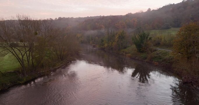 River Wye Morning Mist Autumn Lydbrook Wye Valley Gloucestershire UK Autumn Season Aerial View