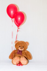 Nice teddy bear holds the inflatable red balloons. Valentines day concept.White studio wall.