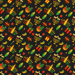 Kwanzaa seamless pattern of Africa with traditional colored and symbols. Black exotic background.