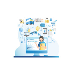 Woman sells goods in paper bags on Internet, advertises, invites you to online store with delivery, contactless payment by credit card. Girl sales at computer with shopping sale system icons.