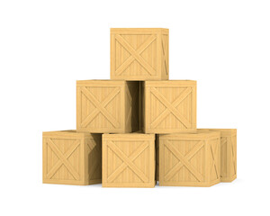 closed wooden cargo boxes on white background. Isolated 3D illustration