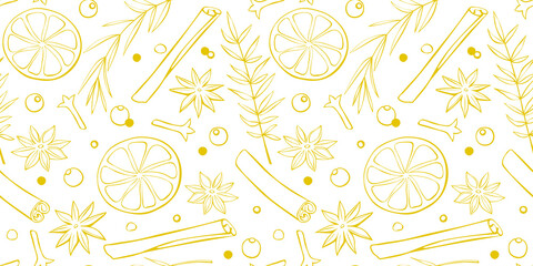 Vector seamless pattern of Christmas winter outline spices in doodle style. Xmas background or texture with seasonings. For desserts, hot mulled wine, homemade cookies, template of menu, recipes
