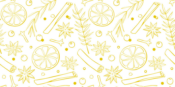 Vector seamless pattern of Christmas winter outline spices in doodle style. Xmas background or texture with seasonings. For desserts, hot mulled wine, homemade cookies, template of menu, recipes