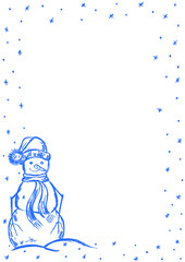 Christmas frame with a snowman and snowflakes