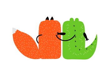Cartoon crocodile and fox embrace each other. Cute cartoon characters. Friendship, two friends sittind their back. Vector hand drawn illustration isolated on white for hugging day card, banner