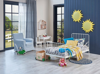 Modern baby child room with bed and armchair, toy, table and chair, children object garden view,...