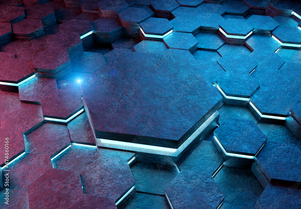 Poster Glowing pink and blue hexagons podium background pattern. Hexagonal metal surface with lights and reflections. 3D rendering
