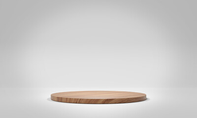 Wooden stage podium background. Mockup of empty circular platform on white. Abstract geometric pedestal. 3D rendering