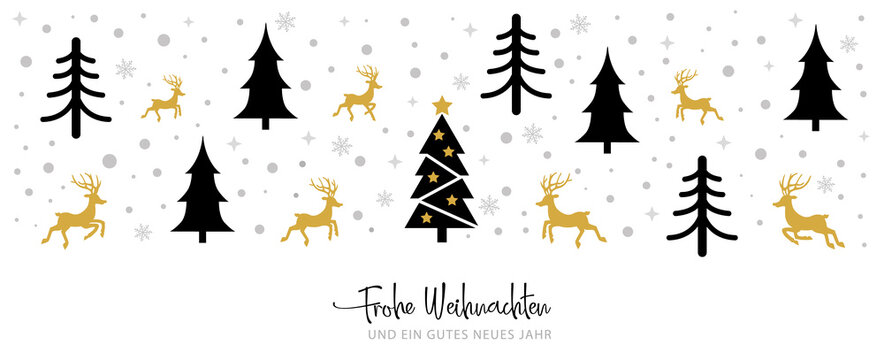 Weihnachtskarte Winterwald - schwarz und gold auf weißem Hintergrund - Weihnachtsbäume und Rentiere