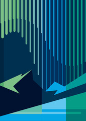 Poster with aurora borealis and mountains. Placard design in abstract style.