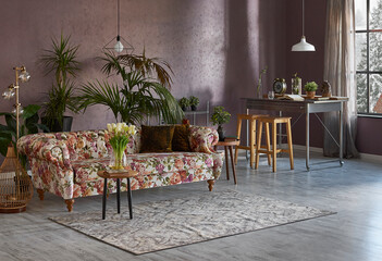 Flower pattern sofa with metal kitchen table, long chair and vase of green plant botanic style, white lamp.