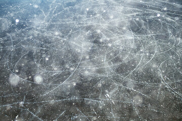ice traces of skates texture, abstract background, top view aerial photography traces of hockey skates