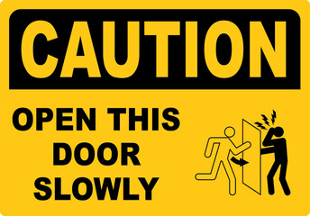 Caution door swings open warning sign - obrazy, fototapety, plakaty