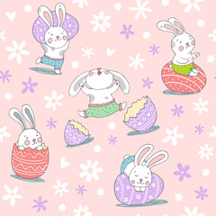 Seamless Easter pattern with cute rabbits and eggs on a pink pastel background.