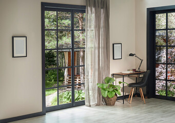 Modern room carpet design working table background, parquet floor, black window and garden view style.