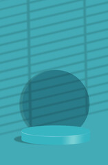 Turquoise background for product presentation with empty cylindrical podium and louver shadows
