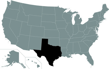 Black highlighted location administrative map of the US Federal State of Texas inside gray map of the United States of America